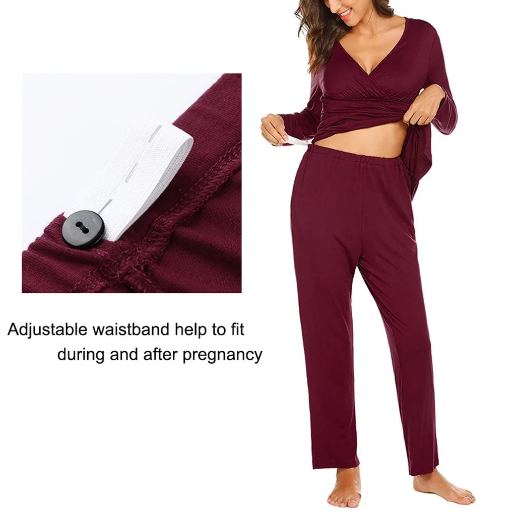 Для женщин для беременных, с длинным рукавом кормящих футболка для малышей Топы+ брюки однотонная Пижама комплект camison lactancia пижамы для беременных