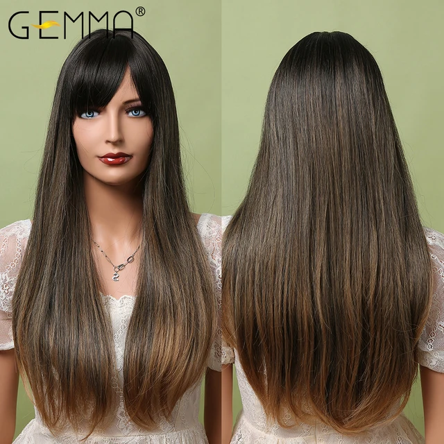 GEMMA Red Brown Copper Ginger Long Straight Synthetic Wigs for Women Natural Wave Wigs with Bangs Heat Resistant Cosplay Hair LC5067-1