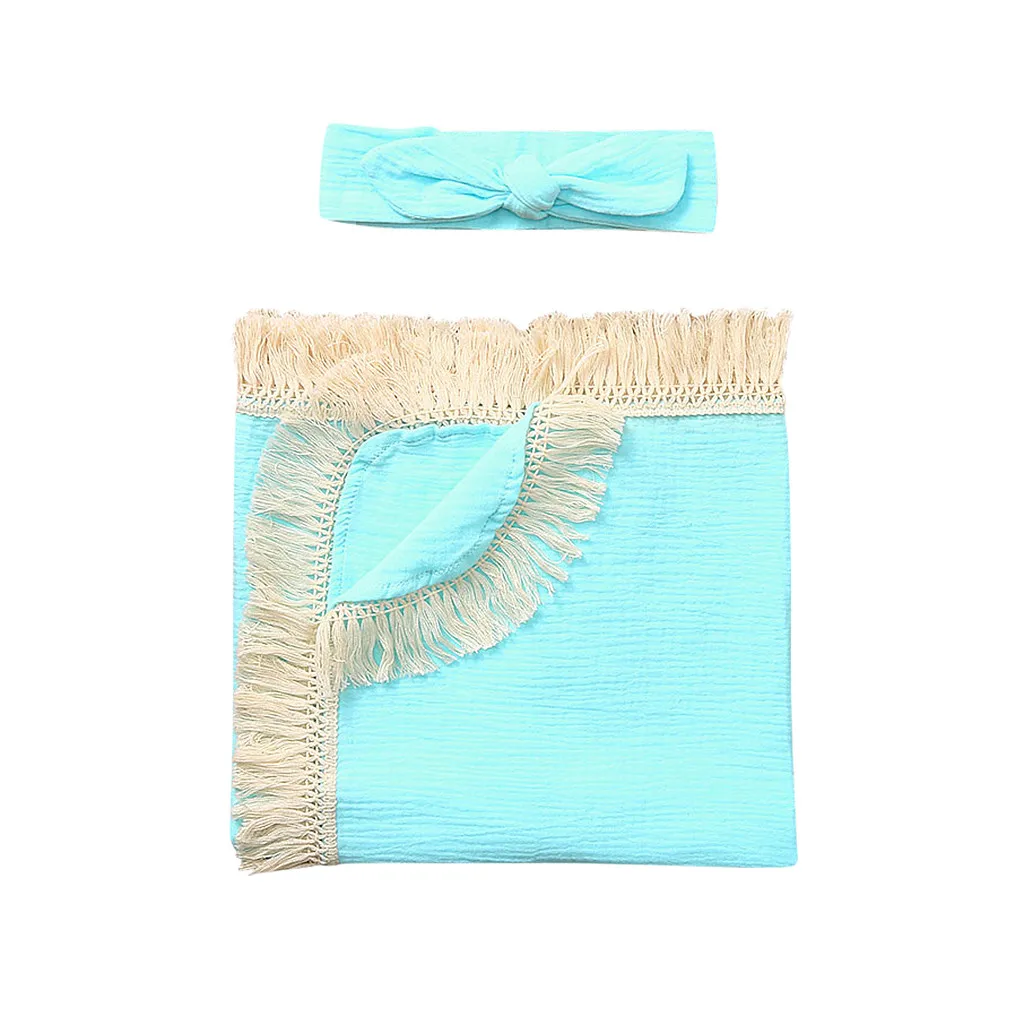 Из муслина для новорожденных, однотонное детское Пеленальное Одеяло с кисточками, одеяло для новорожденных, пеленка - Цвет: Синий