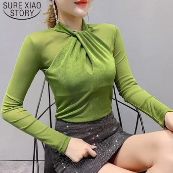

2020 New Mesh Long Sleeve Solid Women Blouse Tops Chemisier Femme Casual Slim Fit O-Neck Shirt Women Clothes Autumn 7300 50