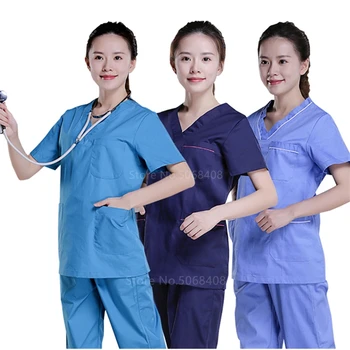 

7 Colors Unisex Adult Hospital Doctor Nurse Medical Work Uniform Scrubs Set Dentail Clinic Cotton Top Pants Set Pharmacy Costume