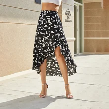 

2021 Summer Women Floral Print Ruffles Midi Skirts High Waist Casual Asymmetrical Slit Zipper Long Skirts Beach Vacation Outfits