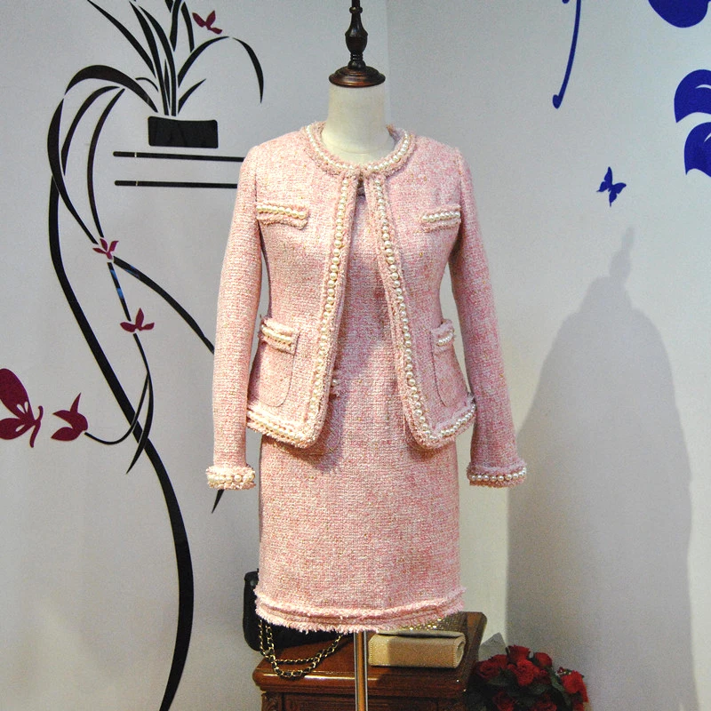 

Thick Pink White Tweed Jacket Imitation Pearls Tassels Pocket Elegant Women Wool Short Coat Designer Custom Autumn Winter New