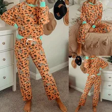 2021 Autumn New Women Clothes Long Sleeve Pajamas Silk Fashion Leopard Print Sexy Pajama Two Piece Sets Ladies Sleeping Shirt