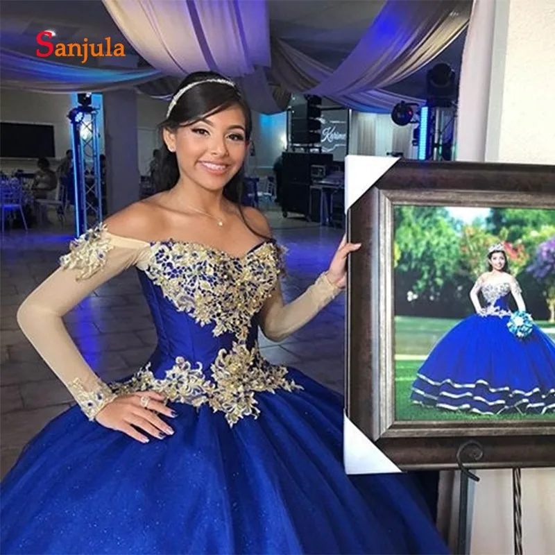 Ярко синий тюль бальное платье без бретелек Quinceanera с открытыми плечами сладкий 16