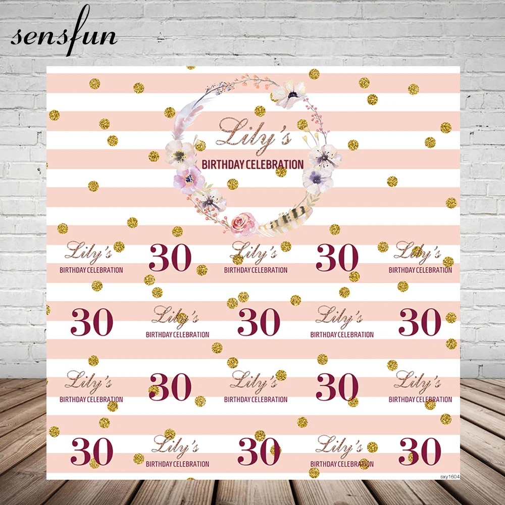 

Sensfun Lady Women Happy 30th Birthday Party Backdrops For Photo Studio Striped Gold Glitter Dots Backgrounds Celebration Banne