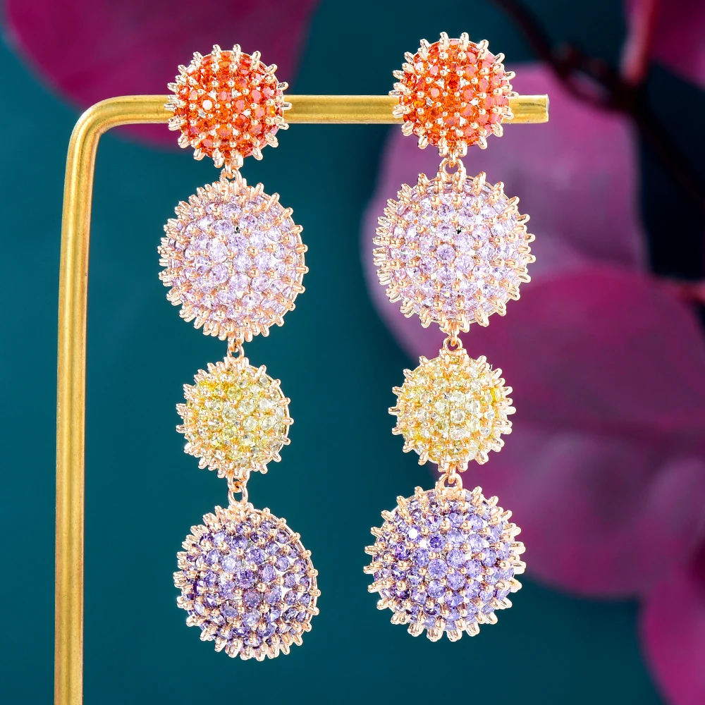 New Long Fashion Cubic Zirconia Pendant Drop Earrings for Women Luxury Geometry Round Half Ball Earring Wedding Party Jewelry