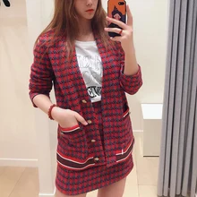 Осенне-зимнее Новое твидовое красное клетчатое Женское шерстяное пальто с металлической пуговицей