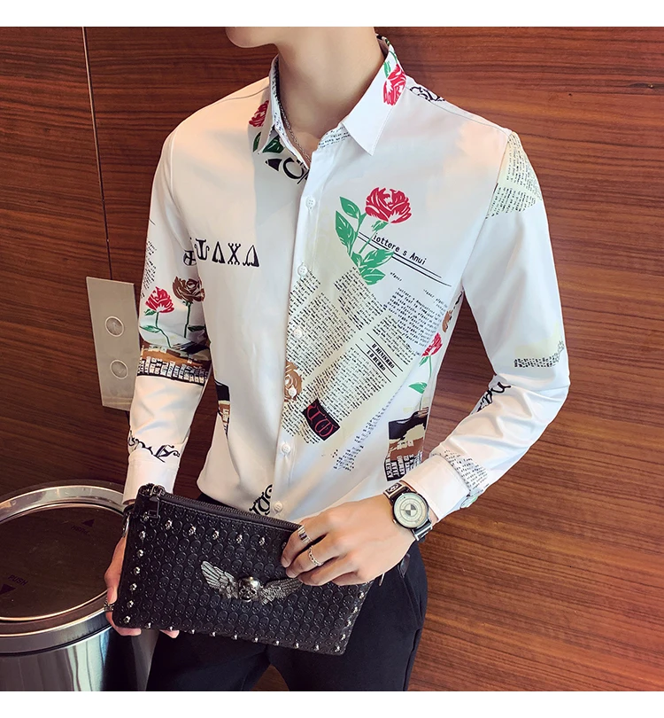 Rose Printing Men Shirt Fashion Long Sleeve Casual Slim Fit Shirts Men Dress Tuxedo Clothing Camisa Social Masculina