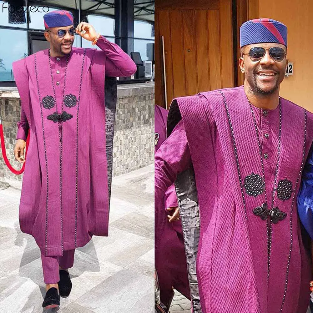 Fadzeco Agbada 2019 Мужская африканская 3 шт. размера плюс Dashiki фиолетовая вышивка Boubous