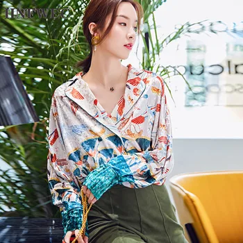 

2019 New Fashion Loose Casual Personality Print Long Sleeve Big Size Vintage Shirt Female's Blouse Vestido A025