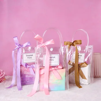 

PVC Transparent Tote Bag Ribbon Candy Gift Box Package Bags Wedding Bridesmaid Gift Dragee Packaging Party Wrapping with Box