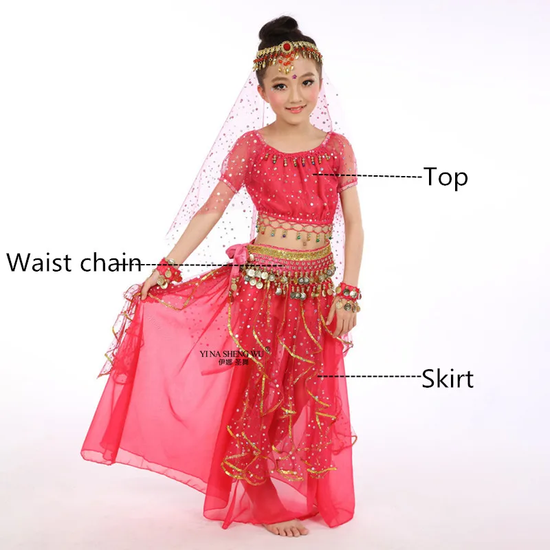 Rose 3pcs Стиль, Детский костюм для танца живота, костюмы для восточных танцев для девочек, одежда для танца живота, костюмы для индийских танцев, 6 шт. для детей - Цвет: Rose 3pcs