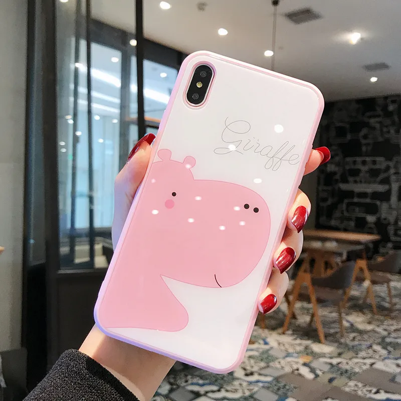 Для iPhone X XS MAX XR 8 8 Plus 7 7 Plus 6 6S 6S Plus закаленное стекло милый мультяшный слон чехол Блестящий Бампер Защитный ковер