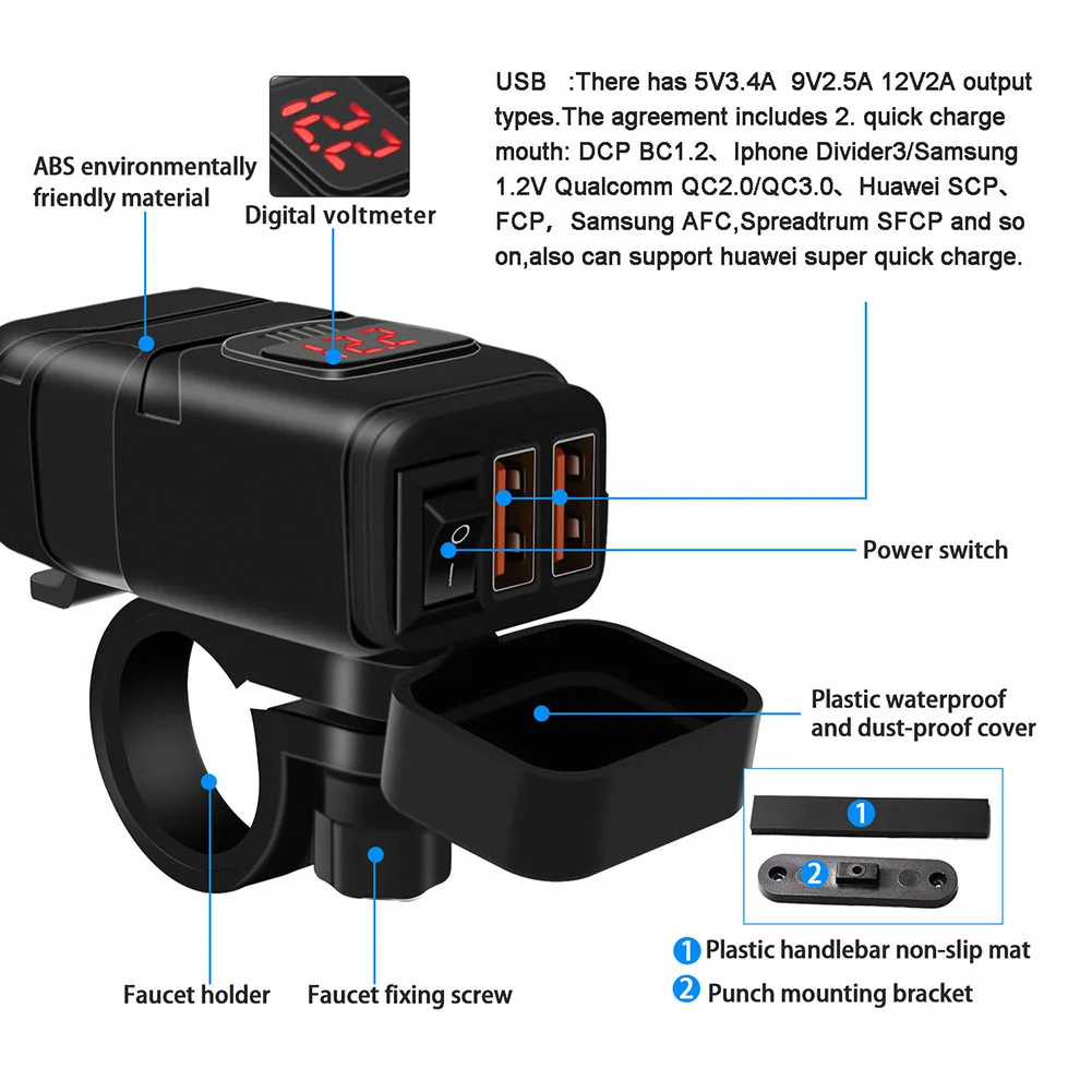 Водонепроницаемый двойной USB QC3.0 мотоцикл прикуриватель цифровой дисплей Вольтметр мотоцикл руль мобильного телефона зарядное устройство