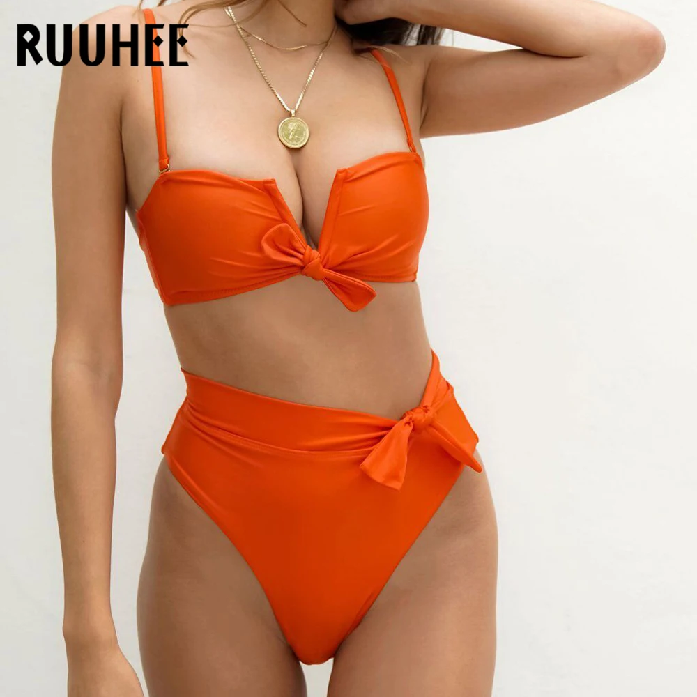 RUUHEE, винтажный Одноцветный купальник бикини в горошек, женский купальник с узлом, комплект бикини, купальный костюм, высокая талия, бикини, прокладки, пляжная одежда