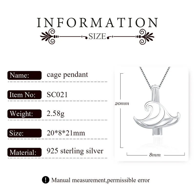 3pcs Sea Wave Shaped Women Silver 925 Jewelry Pendant for Necklace 925 Sterling Silver Pearl Pendant Locket SC021SB