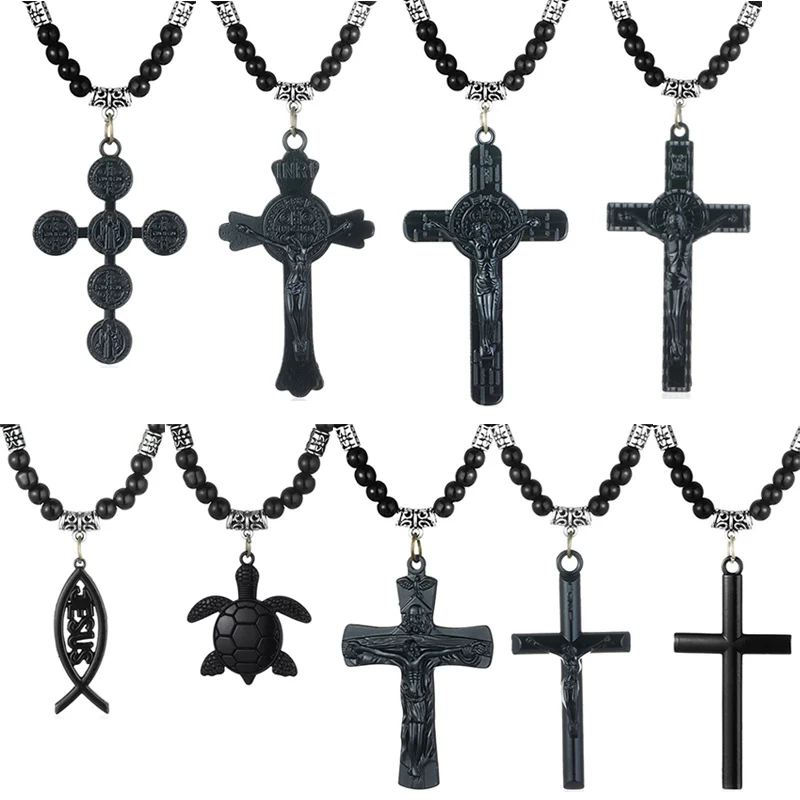 Винтажное католическое Распятие ожерелье s ожерелье из черного бисера Иисус христианство молитва религиозный жетон мужские ювелирные изделия