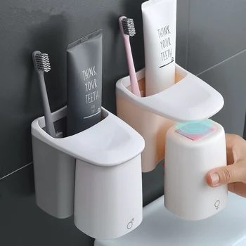 

1 Set Magnetic bathroom set Suction Cup Toothbrush Holder with wash cup hanging storage rack family bathroom accessories