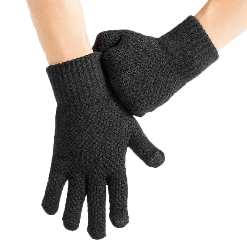 Женские и мужские вязаные перчатки, теплые рукавицы, утолщенные, теплые, шерстяные, кашемировые, хаки, черные, с сенсорным экраном, зимние, серые, 1 пара, свободный размер, одноцветные