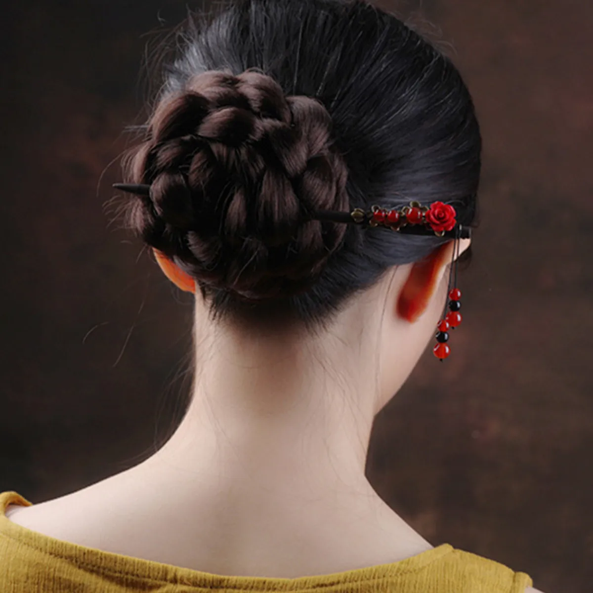 Chinese Style Jade Plum Blossom Rose Wooden Chopsticks Hair Hairpin Chignon Pin