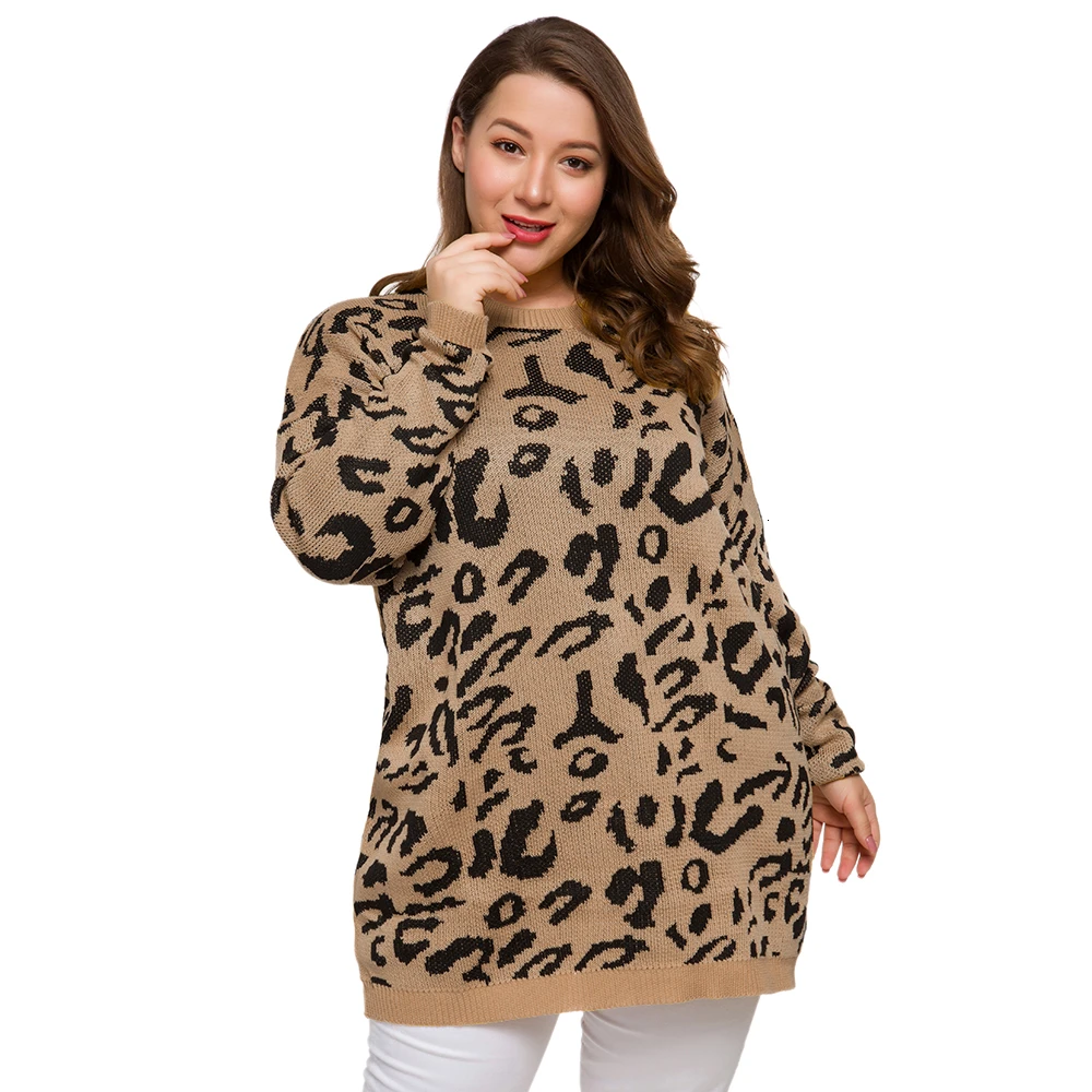 

Plus Size Fashion Women Leopard Printed Baggy Long Sweaters Crew Neck Long Sleeve Pullover Autumn Winter Clothes 2020 Pull Femme