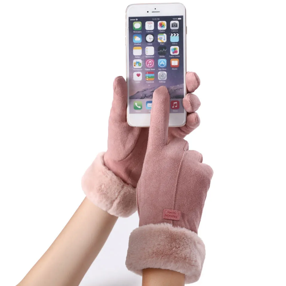 

New Winter Female Lace Warm Cashmere Three Ribs Cute Bear Mittens Double thick Plush Wrist Women Touch Screen Driving Gloves
