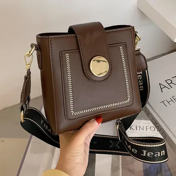 

New2020 high quality wide shoulder strap crossbody single shoulder handbag retro high quality PU bucket bag lady texture handbag