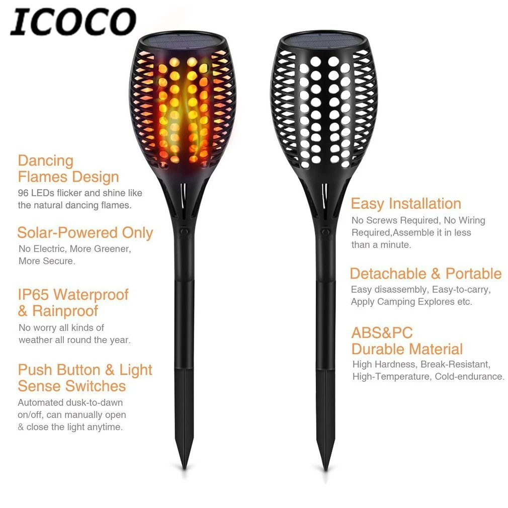 

ICOCO 96 LED Solar Powered Flickering Flame Torch Night Light Porch Lamp+Ground Stake for Pathways Yard Garden Waterproof IP65