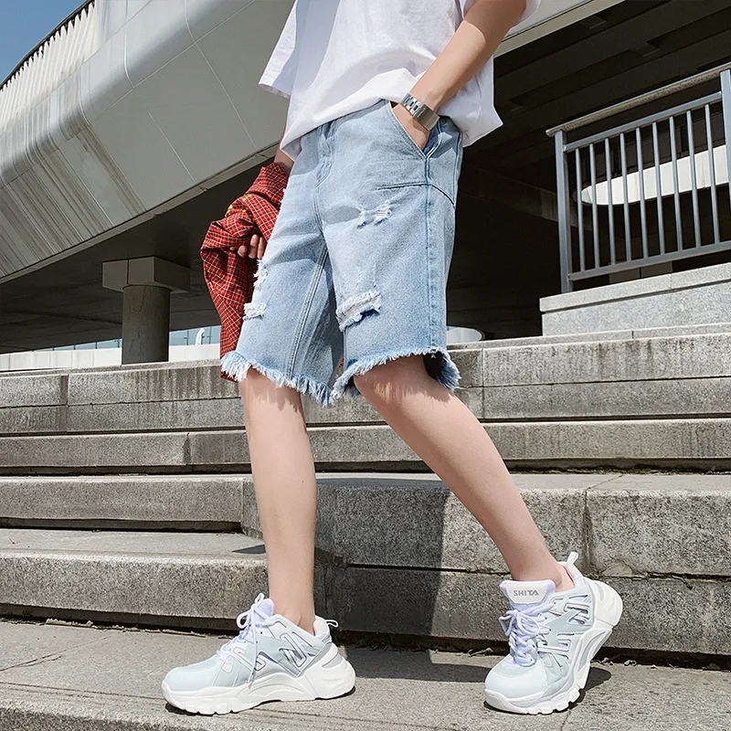 New Fashion Summer Cotton Shorts Leisure Ripped Stretch Ruched Pantalones Cortos Hombre Clothing Breathable Denim Shorts Male