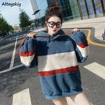 

With Hat Hoodies Women Patchwork Drawstrings Hooded Loose Warm Thickening Casual Womens Students Korean Style Streetwear Stylish