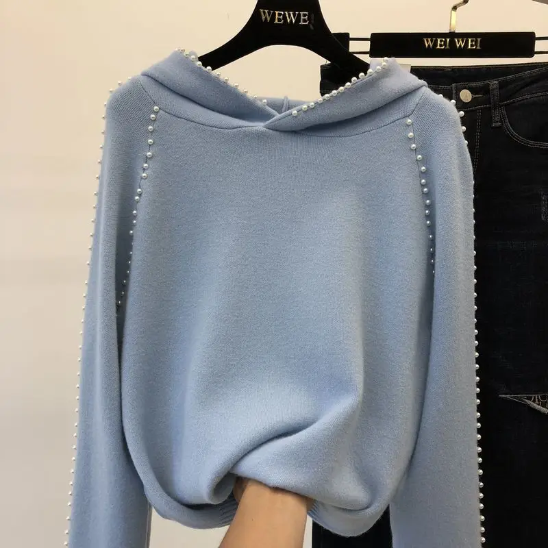 Blue Новая мода осень Для женщин милые жемчужные бусы вязаный свитер с капюшоном женская, одноцветная, длинный рукав, Вязанная одежда рубашки для мальчиков - Color: Blue