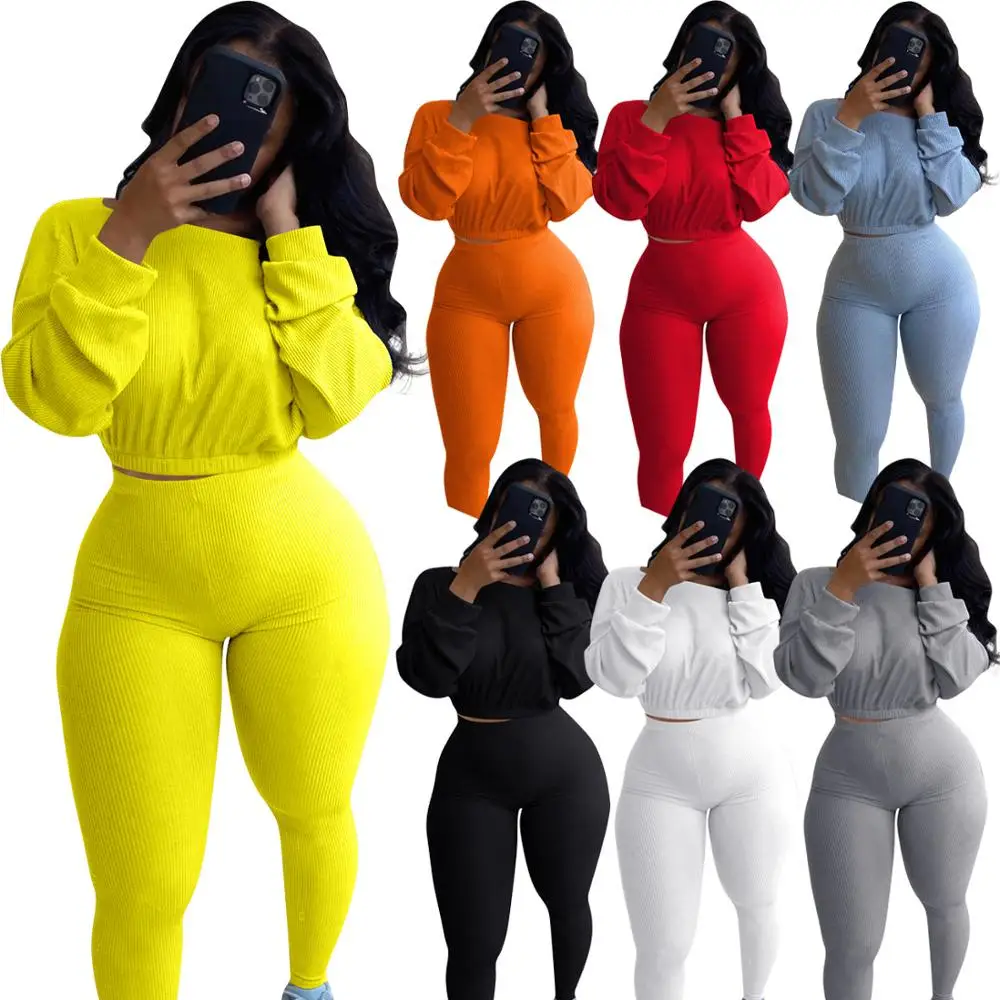 

Autumn Winter New Women Suit Two Piece Outfit Set Long Sleeve Rib Sports Casual Suit Matching Set