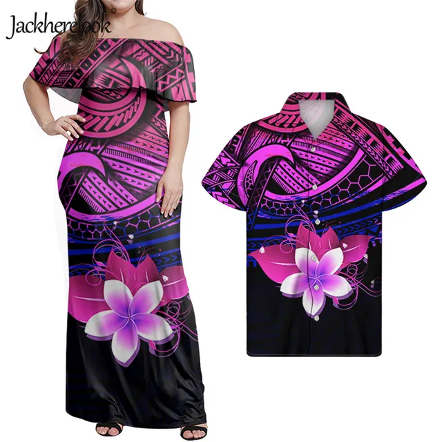 Jackherelook Womens Vintage Maxi Dresses Samoan Hibiscus Polynesian Tribal Brand Design Summer Unisex Clothes Off Shoulder Dress MULTI