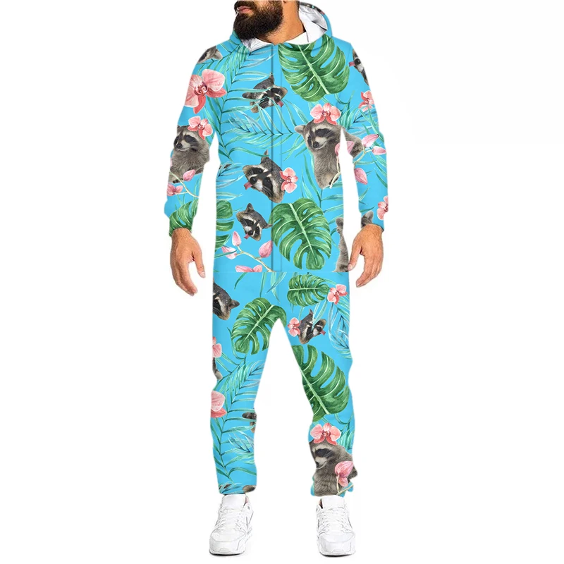 Funny Animal Raccoon Mens 3D Print Jumpsuit Harajuku Unisex Hooded Playsuits Hip-Hop Fashion Full Sleeve Casual Romper Dropship men s rompers animal crane fun streetwear full body custom jumpsuit oversized women clothes zipper tracksuit dropship wholesale