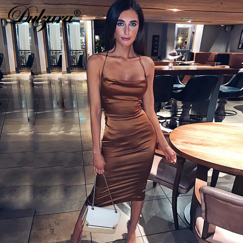 Dulzura neon satin lace up women long midi dress bodycon backless elegant party sexy club clothes 2020 summer dinner outfit Dulzura neon satin lace up women long midi dress bodycon backless elegant party sexy club clothes 2020 summer dinner outfit