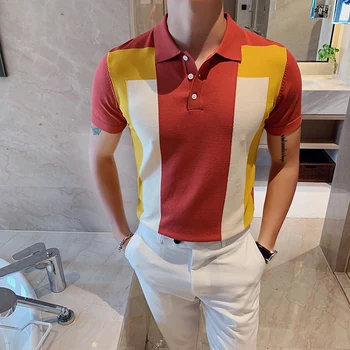 

Hit Color British Slim Lapel Ice Silk Breathable Polo Playera Polo Hombre Summer Men's Short-sleeved Casual Knitted Polo Shirt
