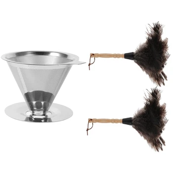

1x Reusable Coffee Filter Stainless Steel Holder Metal Mesh & 2 Pcs Anti-Static Ostrich Feather Fur Brush Duster Blinds