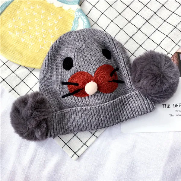 Детские шапочки Skullies Beanies для мальчиков и девочек, зимняя однотонная шапка с мультяшными ушками, теплые модные Эластичные аксессуары с помпоном - Цвет: 2