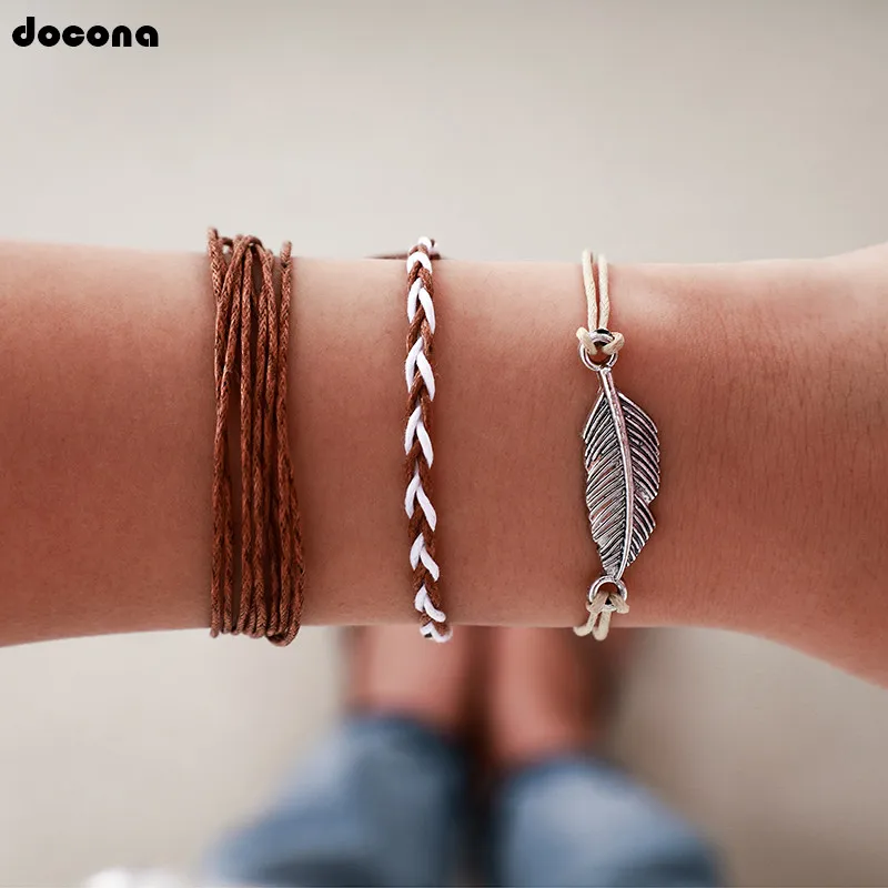 

docona Boho Brown Rope Leaf Multilayer Bracelet Set for Women Handmade Weaving String Adjustable Bracelet Pulsera 3pcs/set 8352