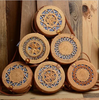 

Women Fashion Hollow Pattern Woven Handbag Tote Shoulder Bags Summer Beach Casual Rattan Straw Wicker Round Bag Retro