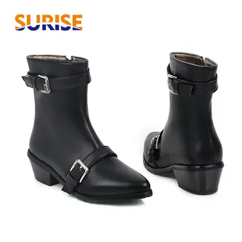 

Winter Women Plush Ankle Boots Black Blue White Pointed Toe Square Block Heels Casual Office Lady Buckle Belt Zipper Short Boots