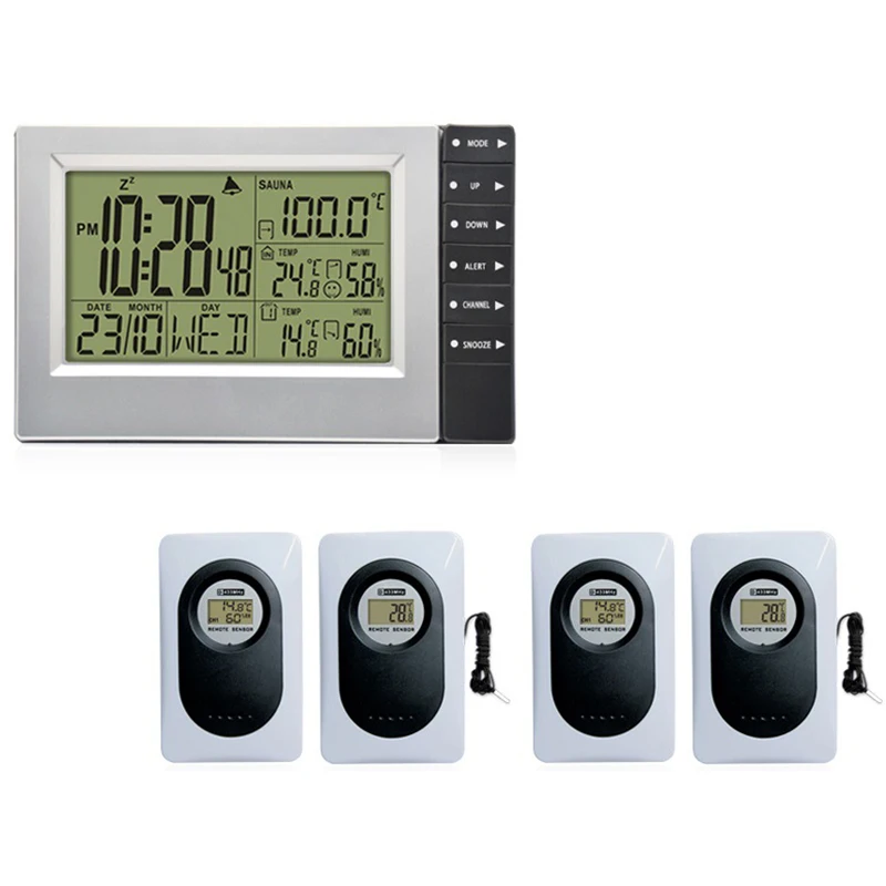 

Indoor and Outdoor Temperature and Humidity Measurement Sauna Sensor Wireless Electronic Weather Clock with Outdoor, with 4PCS S