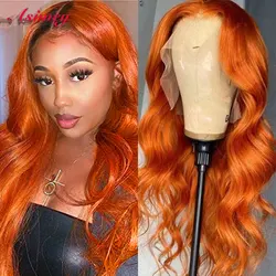 Asimey 30 32 Inch Orange Ginger Color Body Wave Wigs 13X4 Transparent Lace Front Human Hair Wig Preplucked Virgin Remy For Women