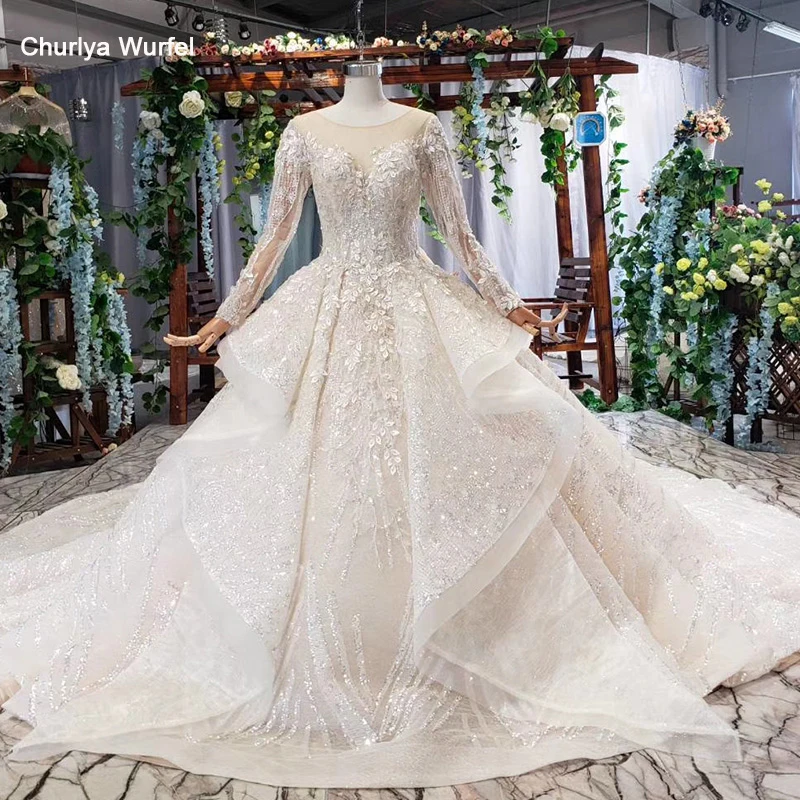 

HTL577 cascade ruched Wedding Dress plus size o neck long sleeves lace up keyhole back lace bride dress gown 2020 vestito sposa
