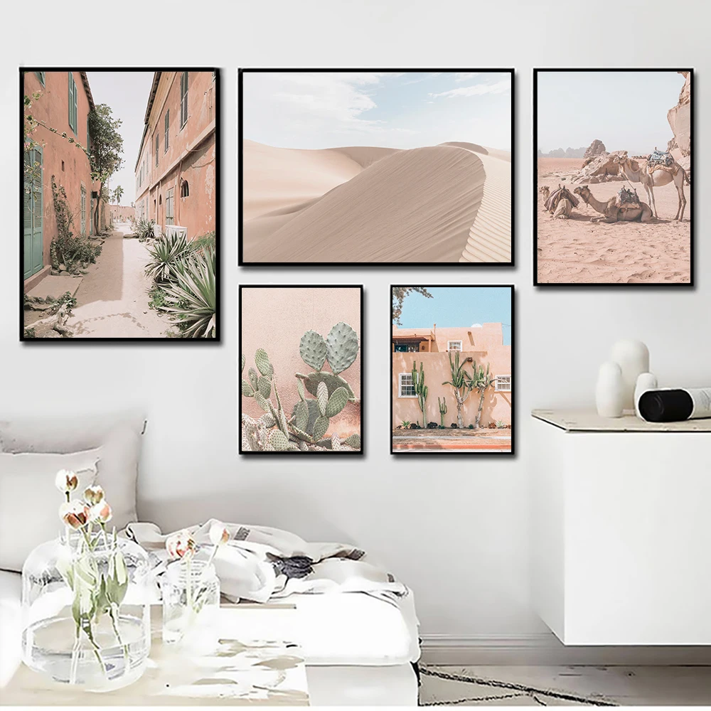 Morocco-Pink-Cactus-Desert-Camel-Landscape-Wall-Art-Canvas-Painting-Nordic-Posters-And-Prints-Wall-P (7)