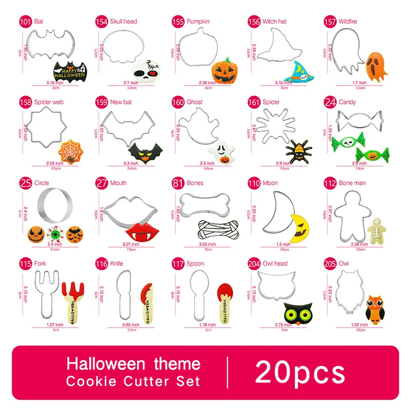 

Halloween Cookie Cutter Set - 20pcs - Cookie Tools Cutter Mould Biscuit Press Set Mold Stainless Steel Cake Decorating for Party