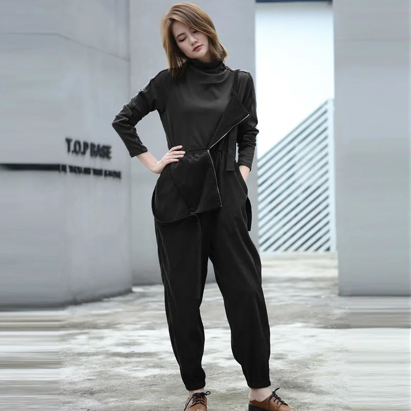 Женский вельветовый комбинезон LANMREM черный повседневный на молнии с высокой