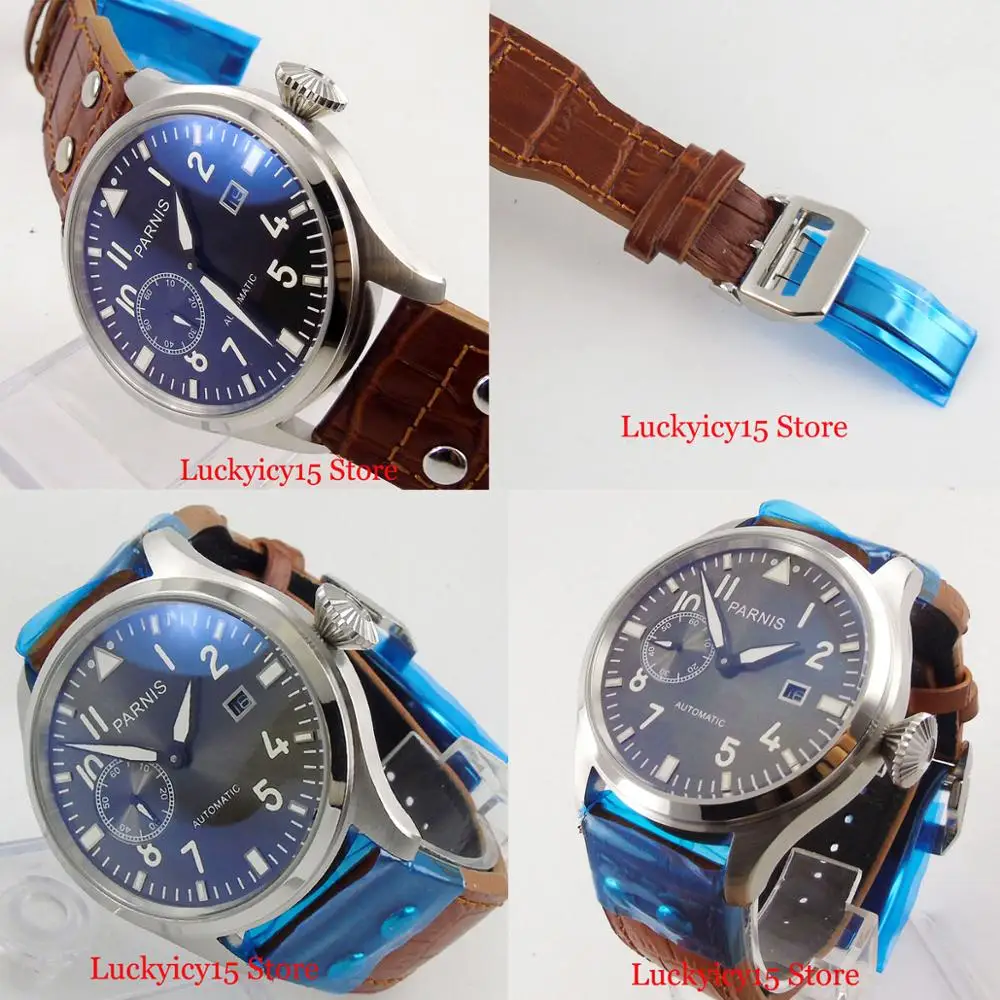 

PARNIS Big 47mm Mechanical Men's Watch ST2555 Automatic Movement Auto Date BlackDial Brushed Case Leather Strap