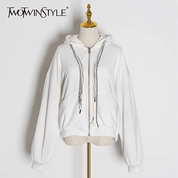 

TWOTWINSTYLE Patchwork Hit Color Sweatshirt For Women Hooded Collar Lantern Long Sleeve Loose Hoodies Female Fashion Clothes New